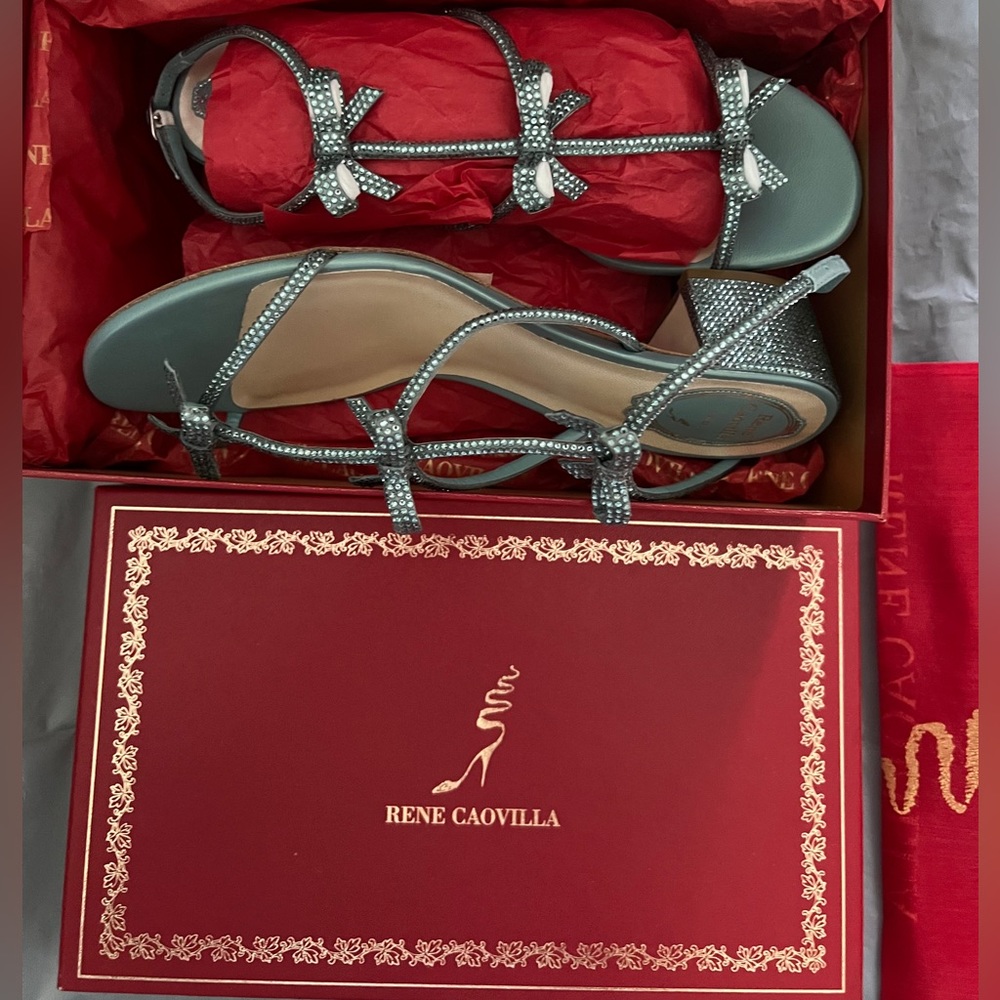 RENE CAOVILLA CATERINA SANDAL BOW DETAIL CRYSTAL METALLIC BRAND NEW W TAGS